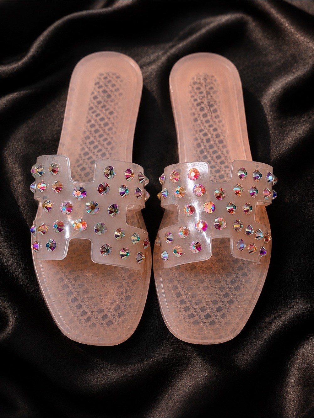 Clear Jelly Rhinestone Slide Sandals Women's Size 7 Sparkly Summer Beach